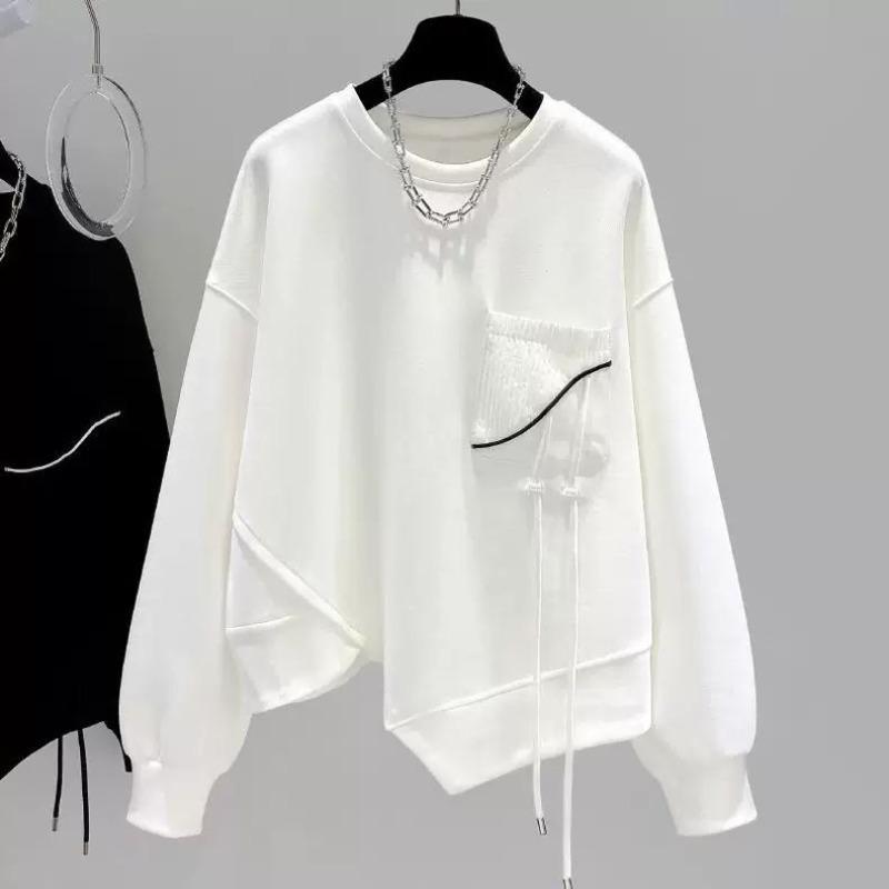 Необычная женская толстовка Американская версия Свободная Круглый вырез Однотонная Дизайн с карманами Женская толстовка без капюшона Весна Повседневная Модная женская кофта XXL белый 1970₽