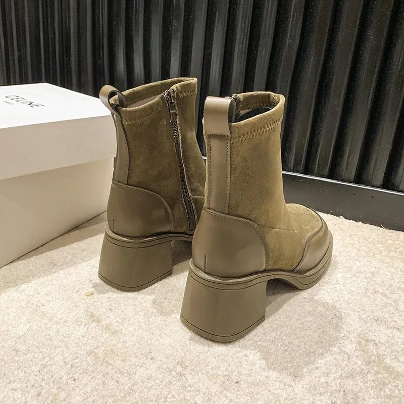 Women Platform Knitting Elastic Sock Boots Round Toe Slip On High Boots Woman Chunky Heeled Autumn Casual Platform Botas Mujer