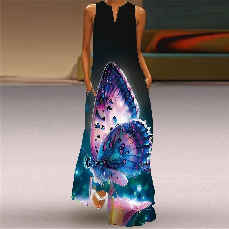 

Summer Thin Plus Size Women s 3D Butterfly Print Fashion V Neck Pocket Long Dress Large Swing Sexy Sleeveless Dress VLCQ-421 L