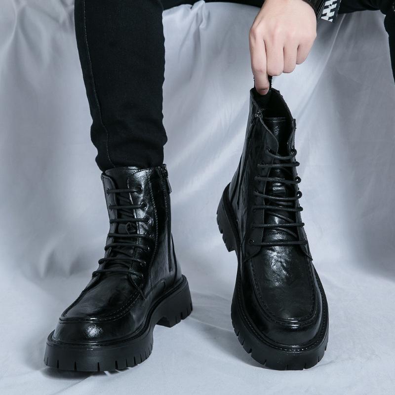 New Men's High-Top Leather Martin Boots - Autumn/Winter European & American Fashion, Lace-Up Motorcycle Ankle Boots.