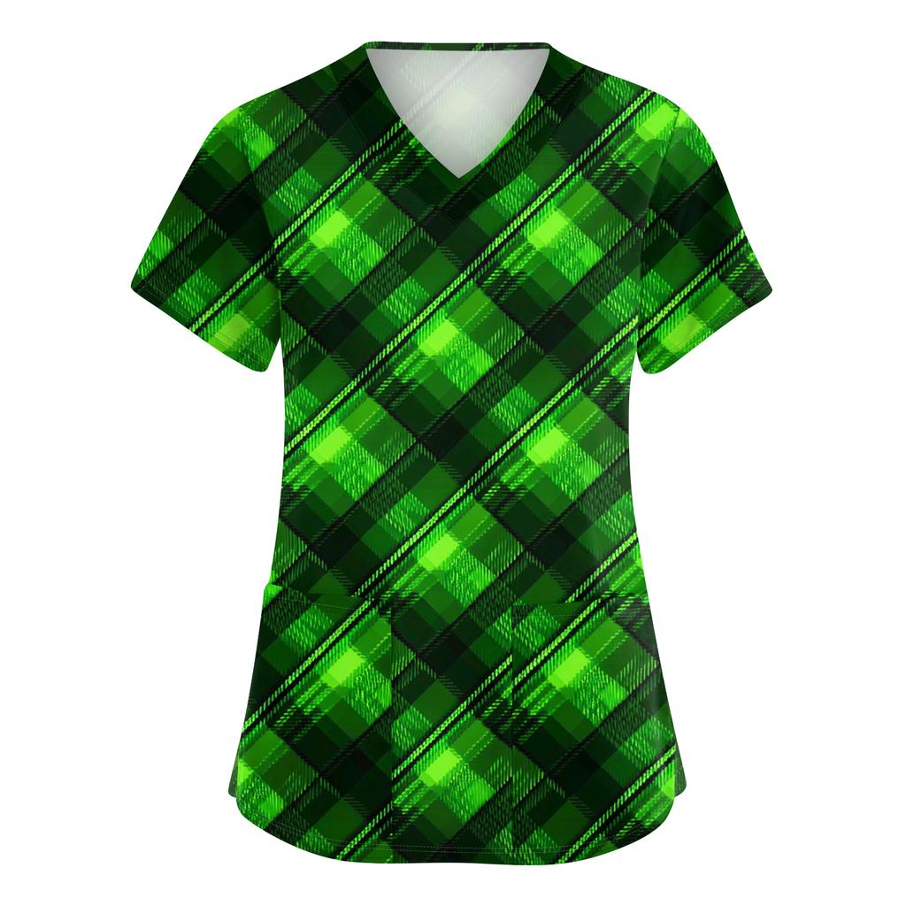 Women's Fashionable V-neck Workwear Printed Short Sleeved Pocket Side Slit Workwear Basic Pullover Top