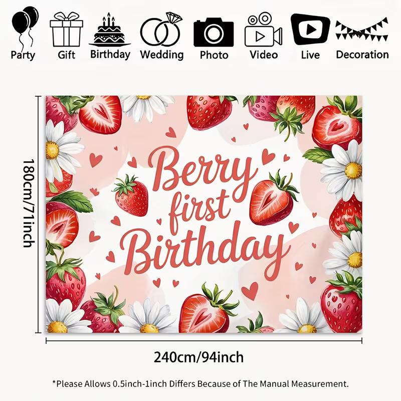 2D Pink Strawberry Themed Backdrop Sweet One First Birthday Celebration Photo Background