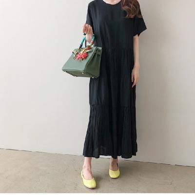 Summer Solid Color Round Neck Literary Loose Pleated Short Sleeve Dress