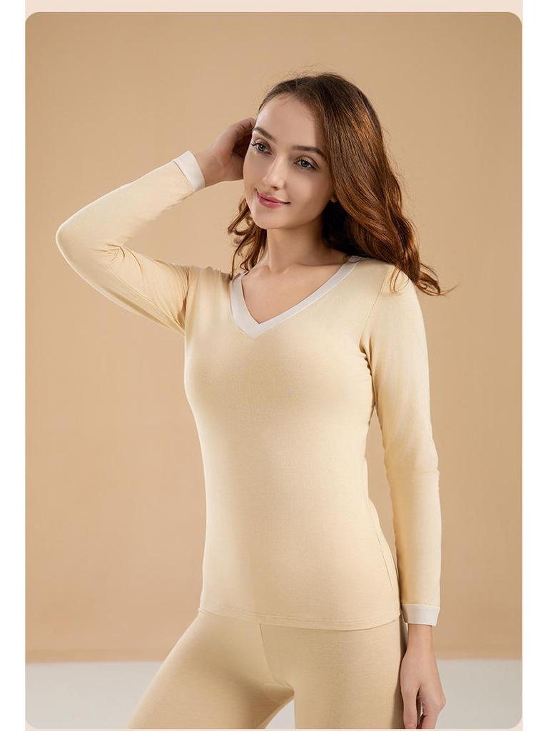 Women's V-Neck Pure Cotton Warm Base Layer Set - Autumn/Winter