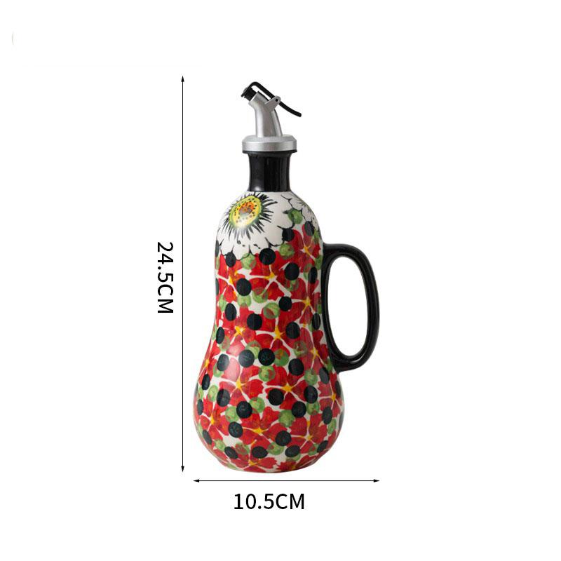Vintage Floral Ceramic Oil Bottle 600ml, Hand Painted Polish Style Vinegar Dispenser with Handle, Kitchen Decor Cruet