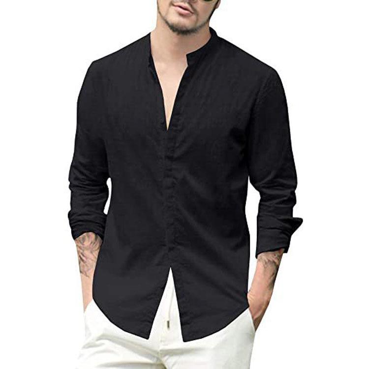 2025 Neuer Herren-Cardigan aus Leinen, europäischer und amerikanischer Stil: Einfarbiges lässiges Hemd mit Stehkragen und langen Ärmeln XL schwarz