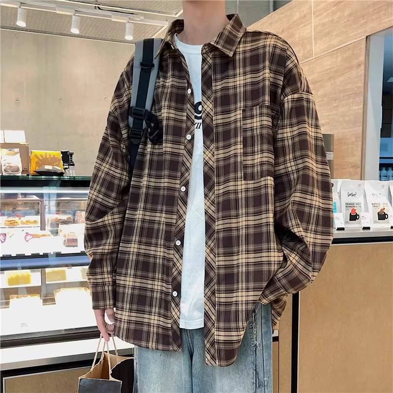 

Men s Trendy Japanese Plaid Shirt Set: Spring/Fall Long Sleeve Jacket & Three-Piece Outfit M