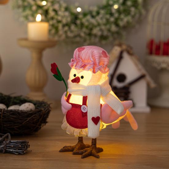 Valentine's Day Bird Figurines Lighted Couple Birds Statue Tabletop Standing Fabric Birds Ornament for Tiered Tray Table Shelf Mantel Fireplace Decor