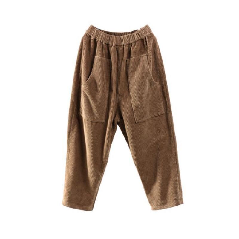 Retro Artistic Style Personality Pocket Corduroy Versatile Casual Harem Trousers for Women