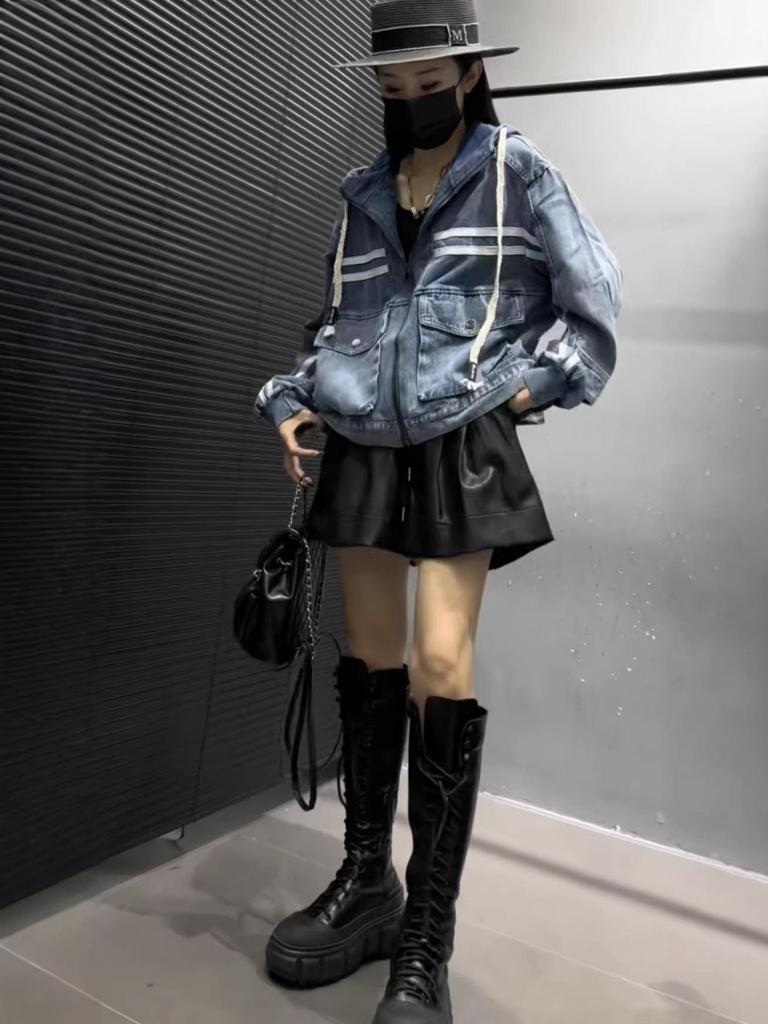 European Women's Denim Jacket: Spring 2026 New Arrival, Striped Patchwork, Large Pockets, Loose Fit, Hooded, Long Sleeve