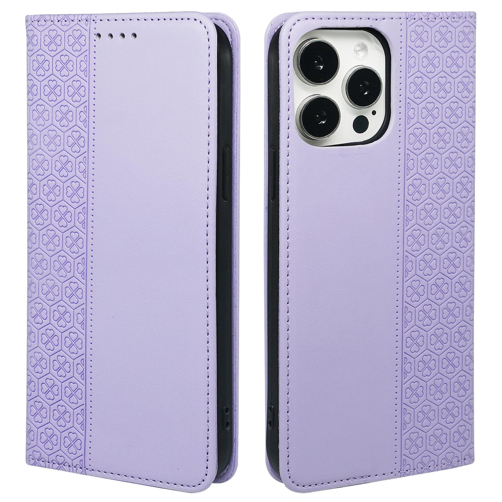 

Для iPhone 15 Pro Max Чохол Four-Leaf Clover Leather Flip Phone Cover Light Purple