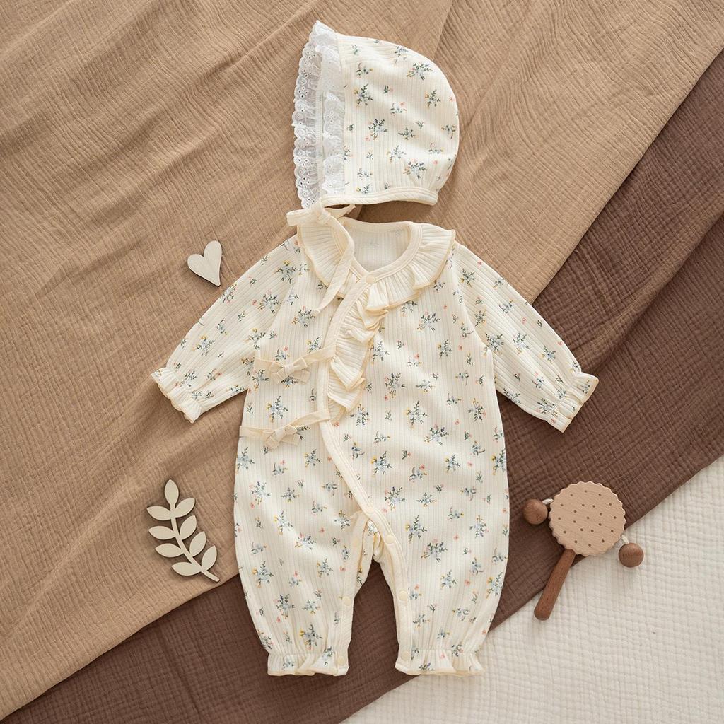 Four Seasons A-Type Floral Cotton Jumpsuit for Baby Girls - Spring & Summer Princess Outfit for 100 Days Celebration