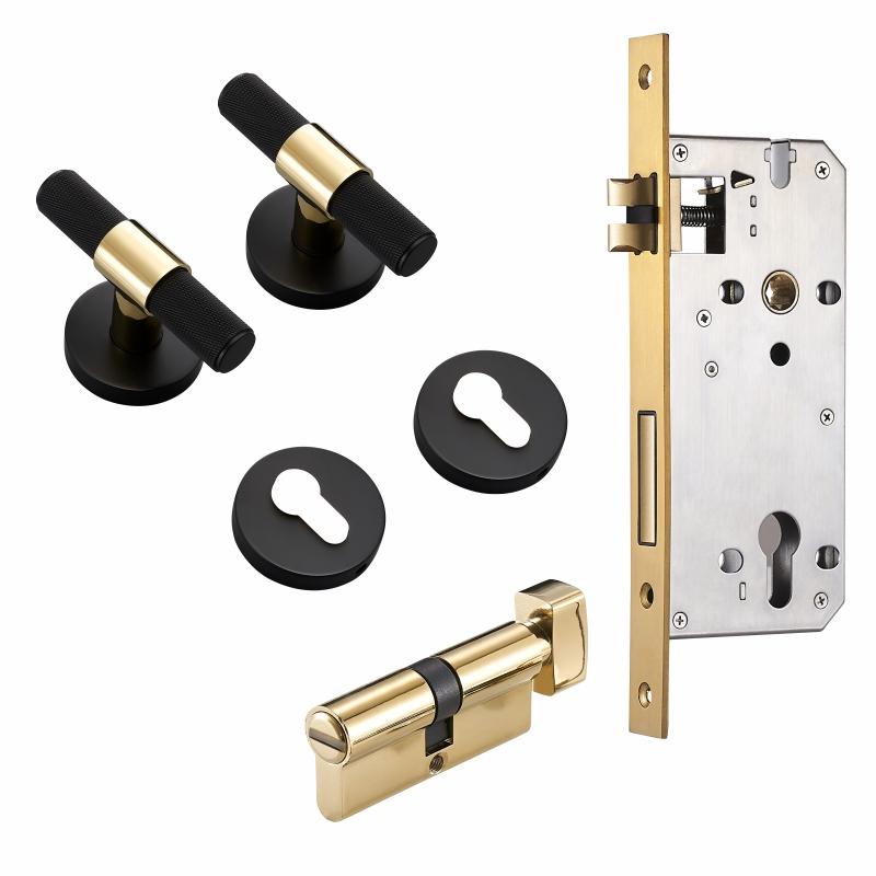 Dooroom Brass Door Lever Set Modern Knurled T-bar Interior Bedroom Bathroom Double Wood Door Lock Set Dummy Knob Hidden Door