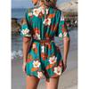 Floral Printed Summer Jumpsuit for Women Leaf Shaped Sleeves Cross Over Neck Tie Waist Short Length Loose Fit Romper Perfect for Beach Resort Travel