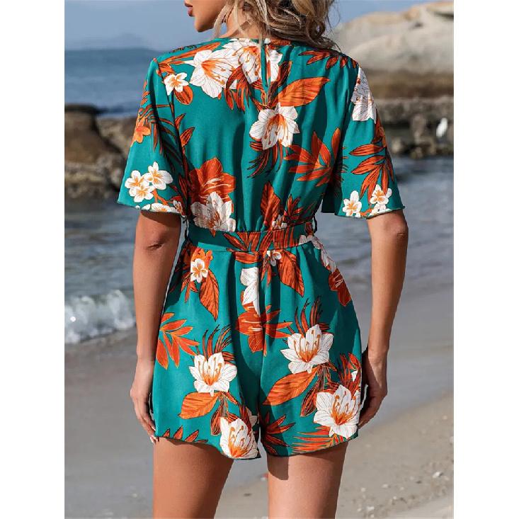 Floral Printed Summer Jumpsuit for Women Leaf Shaped Sleeves Cross Over Neck Tie Waist Short Length Loose Fit Romper Perfect for Beach Resort Travel