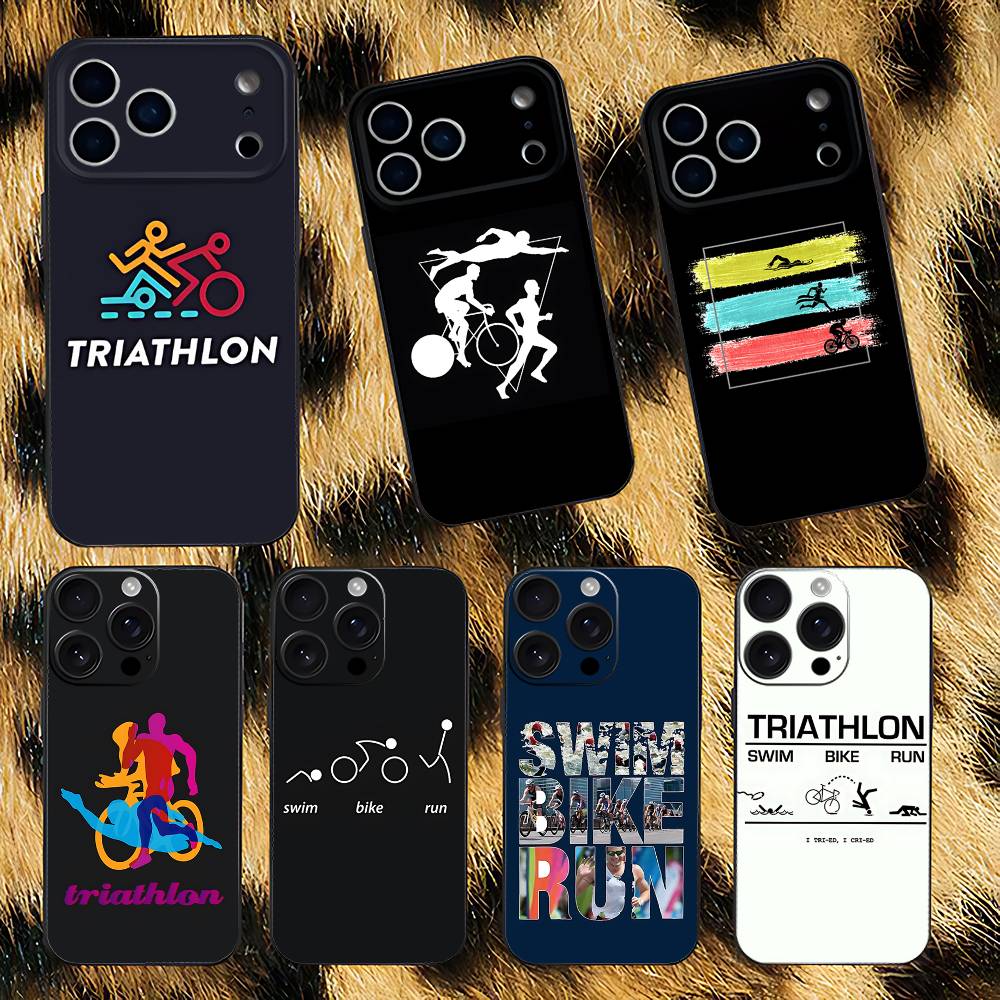 Triathlon Swim Bike Run Case For iPhone 17,16,15,14,13,12,11 Air,Plus,Pro Max,XS,X,XR,SE,Mini,8,7,Soft Silicone Black Cover
