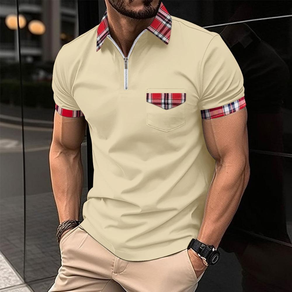 Men's summer casual T-shirts, checked polo shirts, zipped-pocket polo shirts, men's sports polo shirts