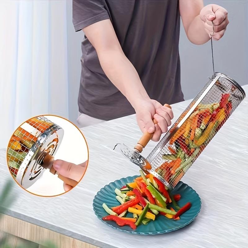 Detachable-handle Rolling Grill Basket Made of 304 Stainless Steel, Large Capacity. Ideal for Outdoor Barbecues, Garden Parties and Family Gatherings.