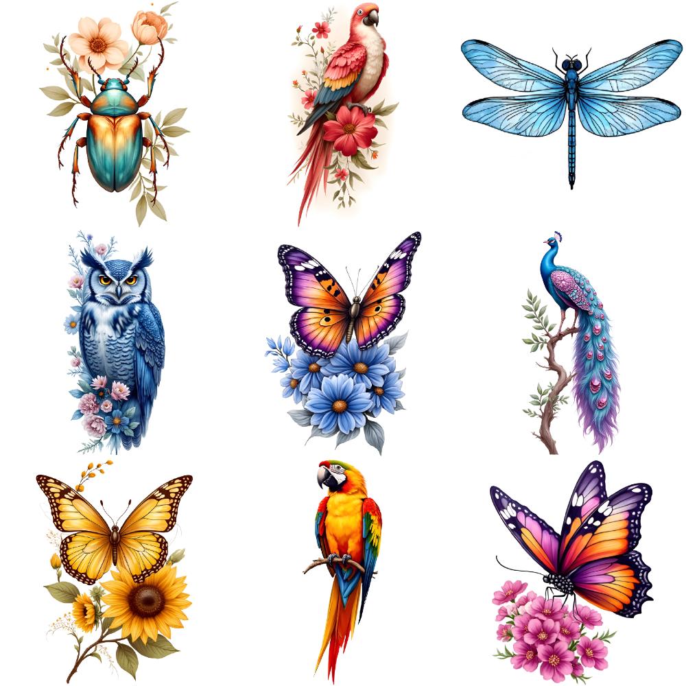 9pcs Temporary Tattoo Flower Tattoo Colorful Frog Tattoo Butterfly Tattoo For Male Arms Back
