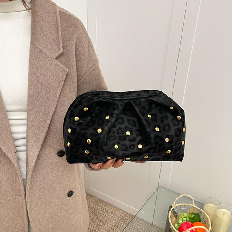 Trend Studded Women's Luxury Clutch Leopard Print Magnetic Clasp Clip Bag Designer High-end Cloud Bag Dinner Lipstick Coin Purse