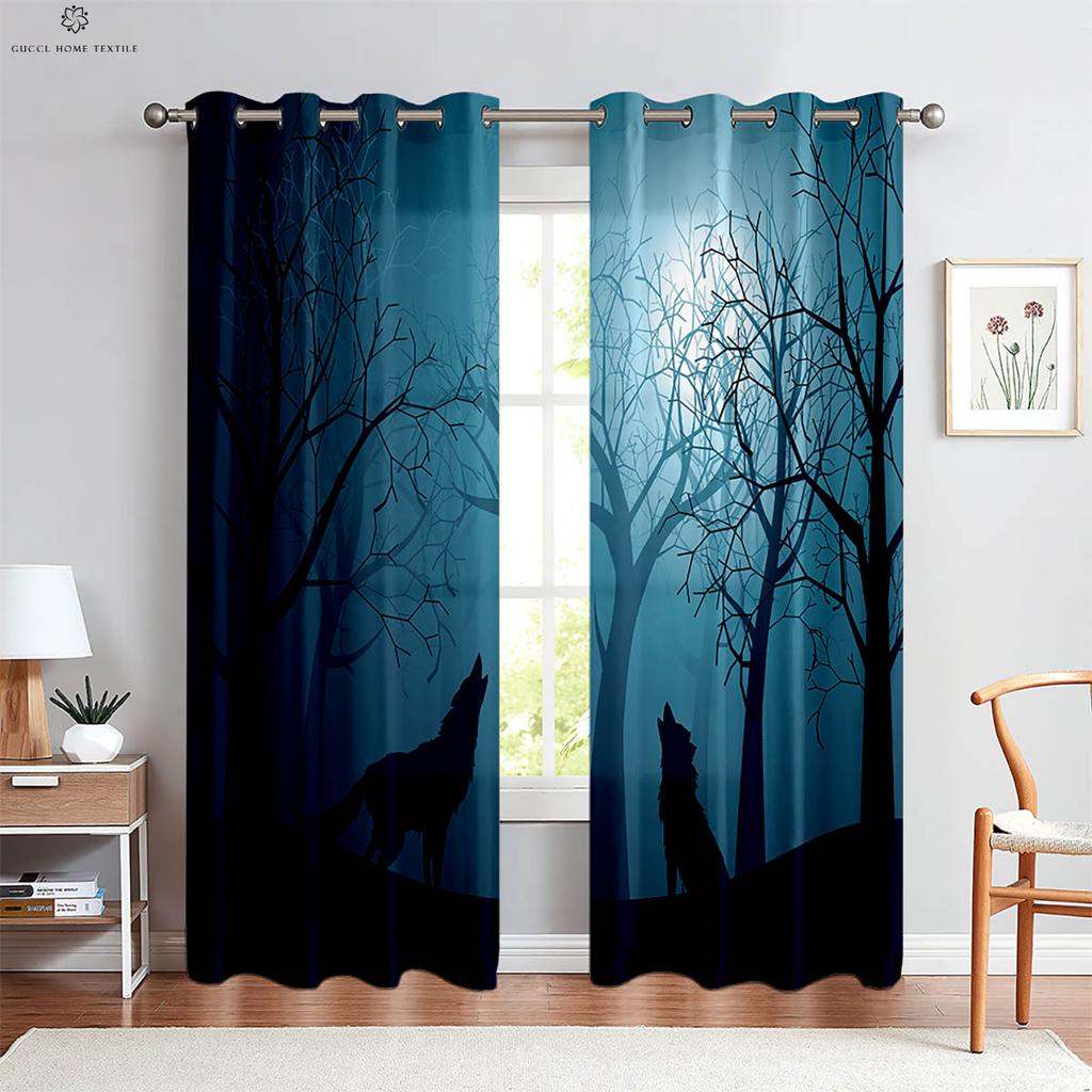Wolf Under The Starry Sky 3d Printed Curtains For Children's Room, Bedroom, Living Room, Kitchen Curtains 2 Pieces Easy To Wash