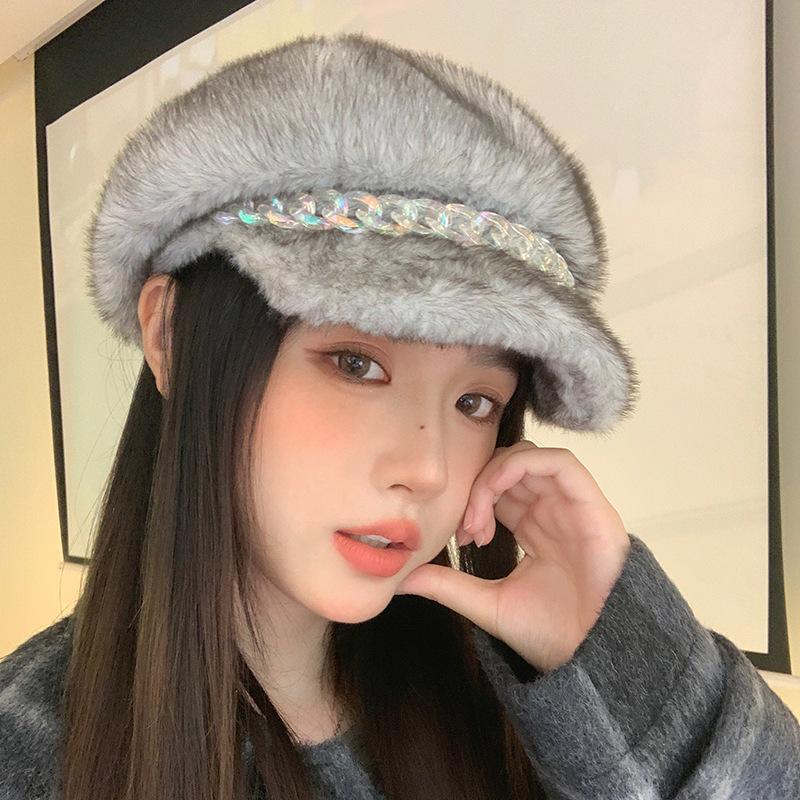 Korean Imitation Mink Hair Color Chain Beret Women's Autumn and Winter Casual Fashion Big Head Octagonal Hat Versatile Newspaper Boy Hat