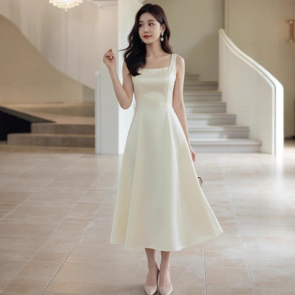 French high-end temperament satin champagne suspender skirt women summer birthday party wedding certificate dress dress women