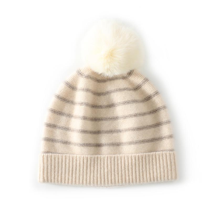

Women s Striped Cashmere Beanie with Ear Protection - Warm, Trendy Autumn/Winter Hat with Pom Pom One Size