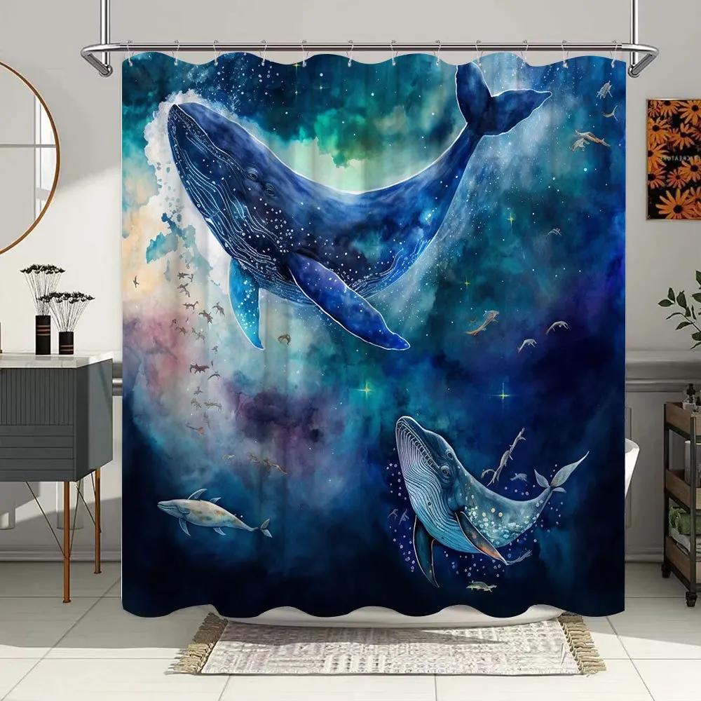 1pc Celestial Whales Bath Curtain - Cosmic Ocean Design with Blue Starry Creatures & Nebula Background, Ethereal Marine