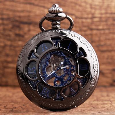 Gun Black Petal Blue Face Mechanical Pocket Watch Retro Flip Hollow Necklace Pocket Watch Men's and Women's Watch