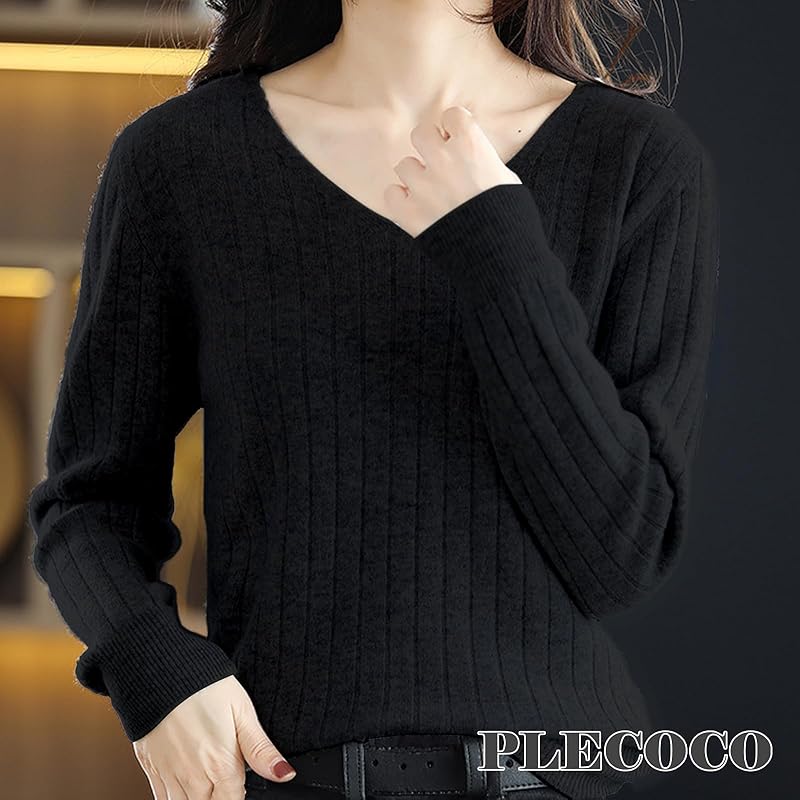 [Precoco] Rib Knit V-neck Rib Knit Sweater Cut and Sew Autumn/winter Autumn Winter Tops Long Sleeve Small Size Small Size Black Ladies Black S