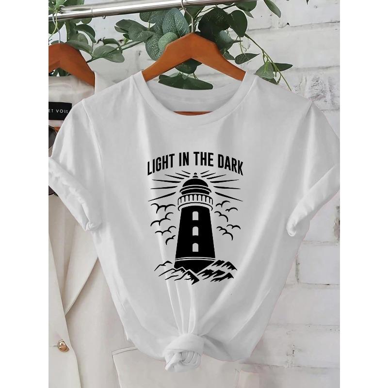 

2026 Summer New Arrival, Dark Light Lighthouse Print Spring/Summer Beautiful Elegant Fashion Casual Korean Style T-Shirt Top S белый
