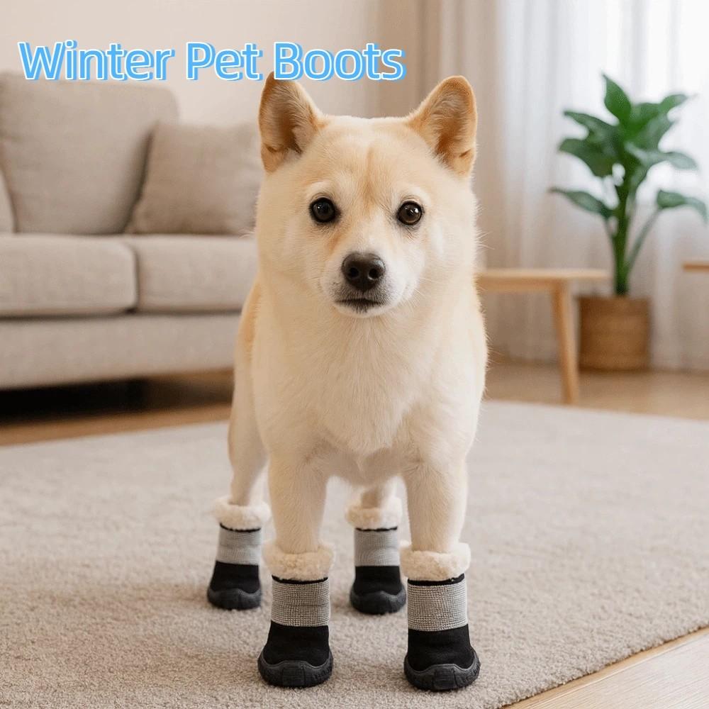 4pcs/set Warm Non-Slip Dog Shoes Thick Plush Soft Sole Winter Pet Boots Breathable Comfortable Dog Cotton Shoes Rain Snow Day
