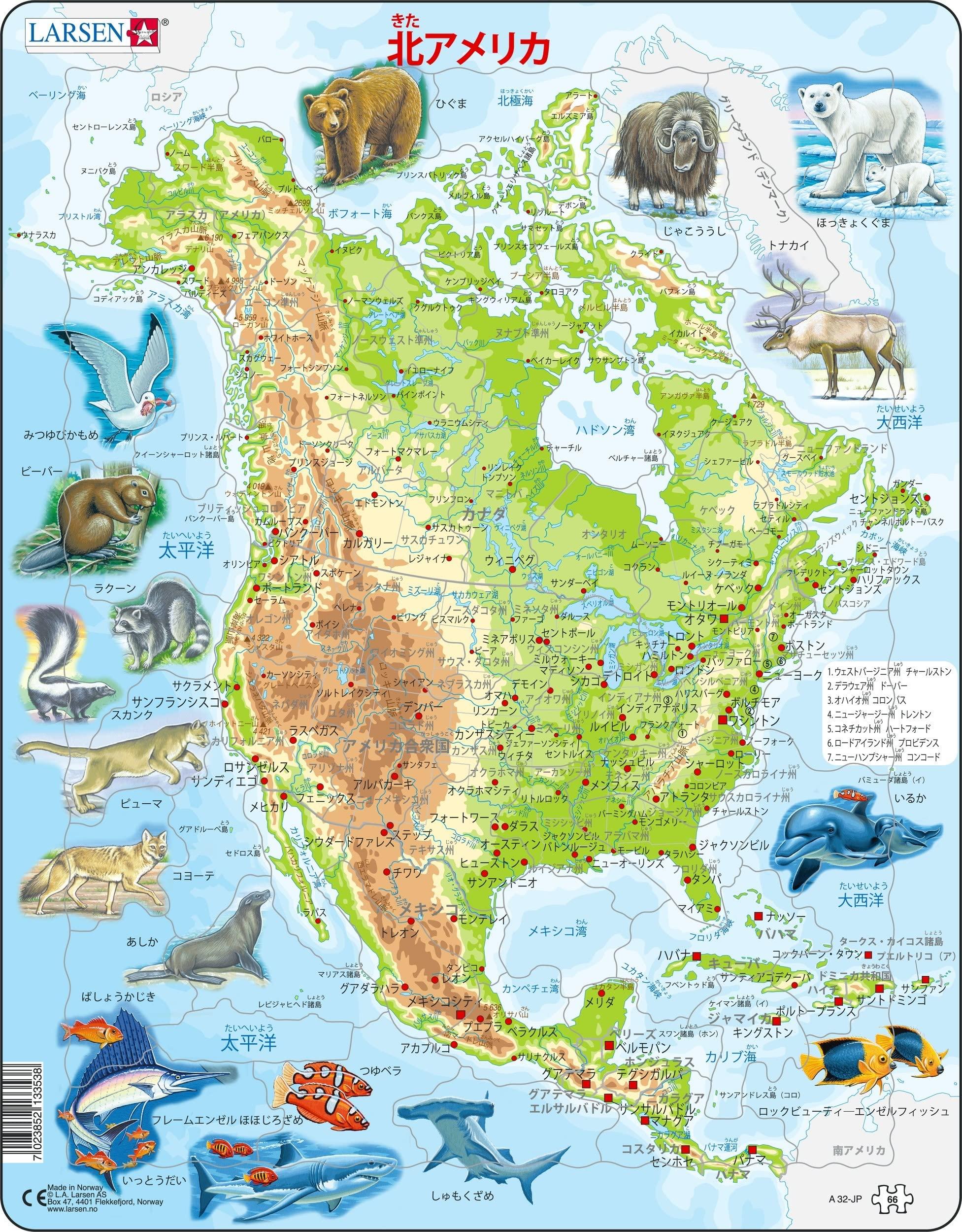 

LARSEN North America Puzzle, Japanese Version, 66 Pieces, World Map, Educational Puzzle, Geography, Animals, Elementary School Students, Ages 6 and