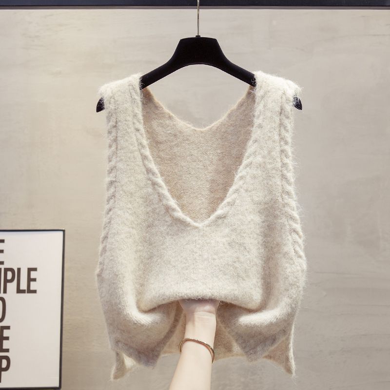 Women's Korean Chic Retro Lazy Style Knitwear High-End Pink V-Neck Vest Sweater