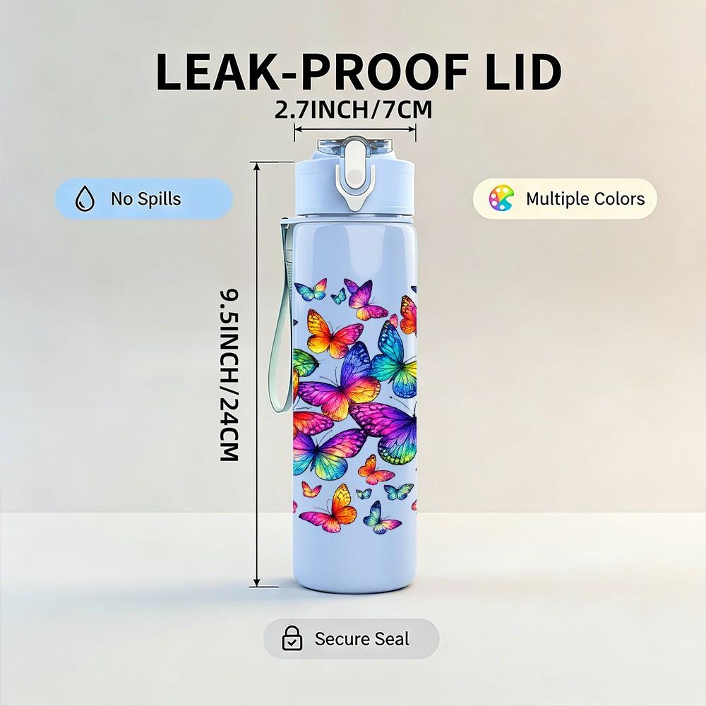 1PC Rainbow Butterfly Splash Abstract Print 750ml Color Plastic Sports Water Bottle Leakproof Flip Straw Lid Suitable for Sports Office Home Use