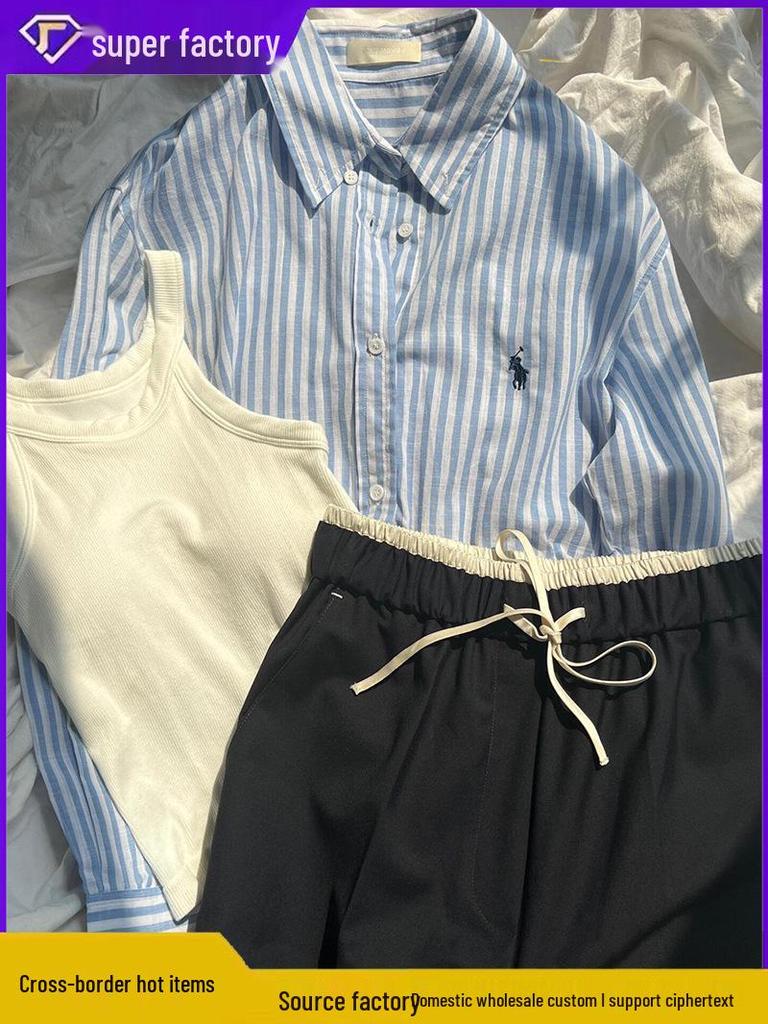 Ralph Lauren Women's Striped Long Sleeve Polo Shirt with Embroidered Horse Logo, Pure Cotton, Sun Protection