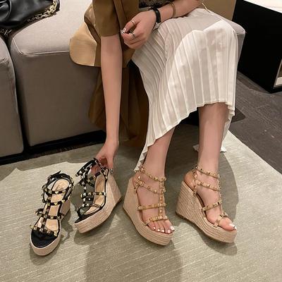 Rivet Wedges Women Sandals Open Toe Ankle Buckle Strap Ladies Platform Wedges Sandals High Heels Roman Rattan Grass Woven Shoes