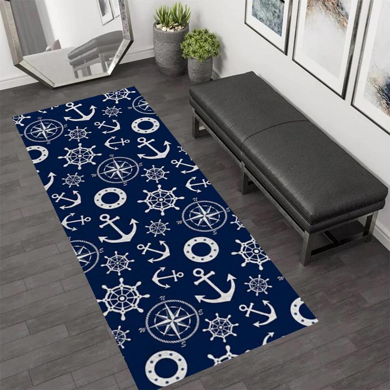 Nautical Lighthouse Navy Blue Rug Carpet Mat Home Decoration Non-Slip Hallway Ship Wheel Compass Pattern Door Mat
