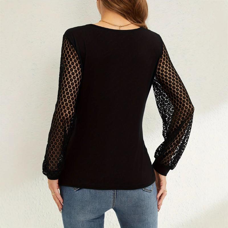 Solid Color French Patchwork Lace Lantern Sleeve Loose Cross V Neck Long Sleeve T Shirt For Women