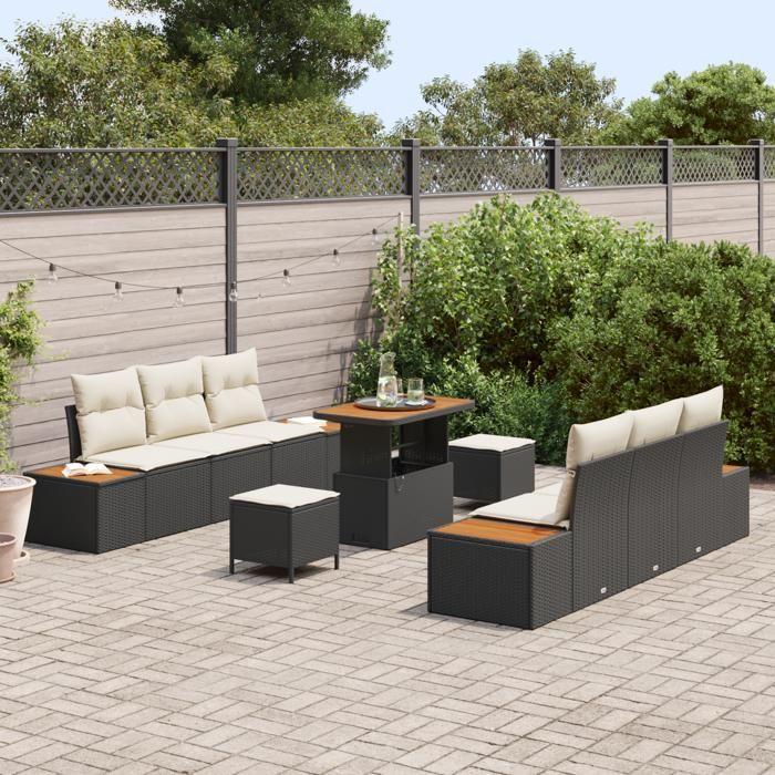 Canapés de jardin 9 pièces avec coussins Noir Poly Rattan Acacia, Salle à manger de jardin 3 pièces avec coussins Noir Poly 3362870