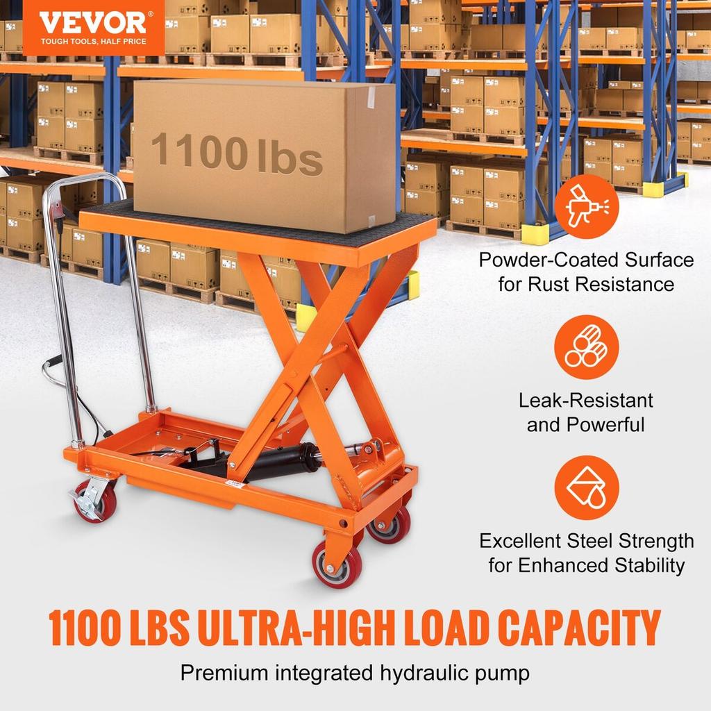 Hydraulic Lift Table Cart, 1100lbs Capacity 35.4" Lifting Height, Manual Single Scissor Lift Table with 4 Wheels and Non-slip Pad, Hydraulic Scissor