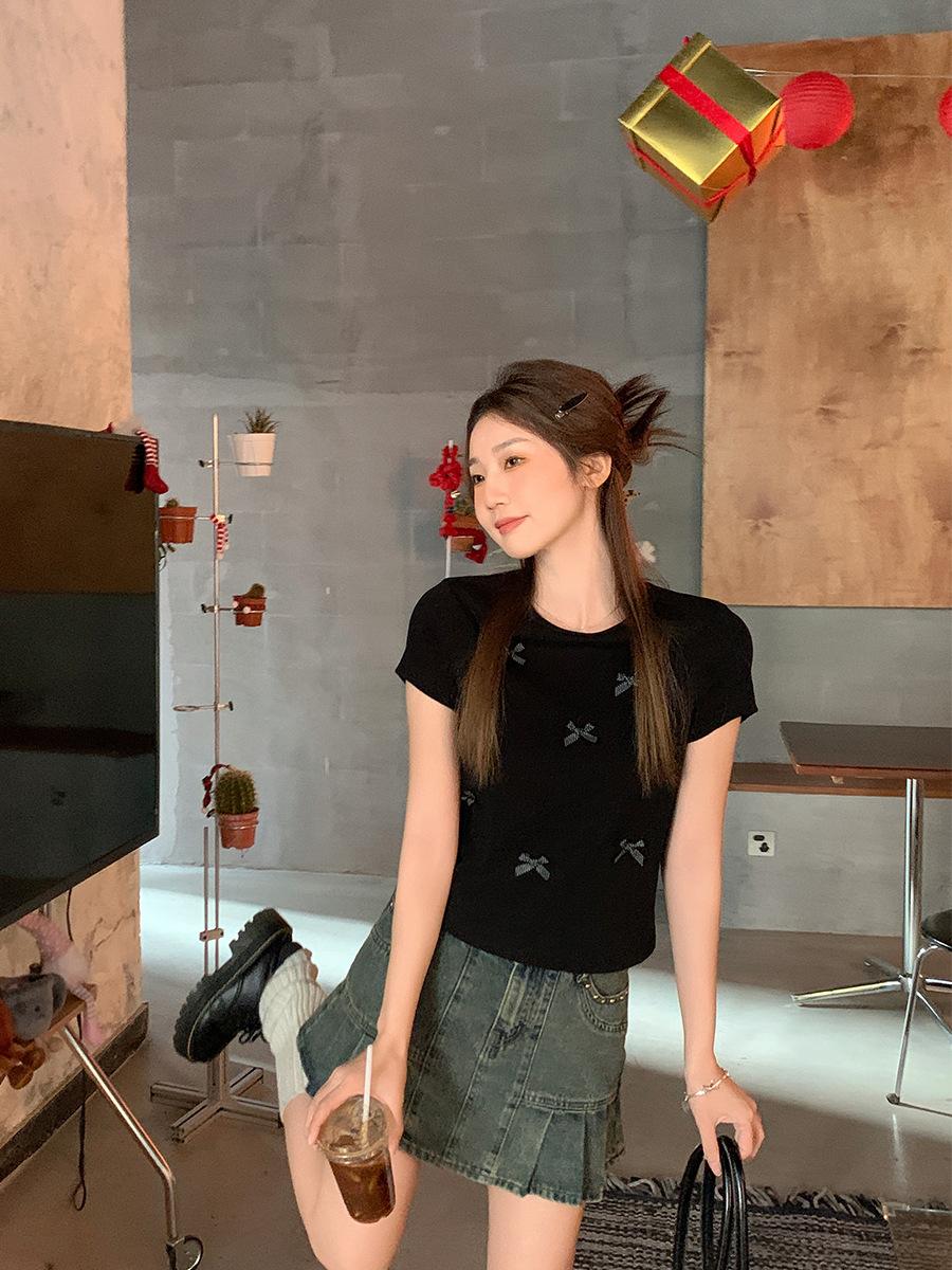 

Korean bow design front shoulder crew neck short-sleeved T-shirt women s spring and summer new slim and thin casual top XL чорний