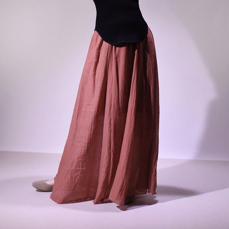 Women's Double Layer Cotton Linen Maxi Skirts Boho Solid Elastic High Waist Pleated A-Line Flowy Swing Long Maxi Skirts Soft Maxi Skirts for Women