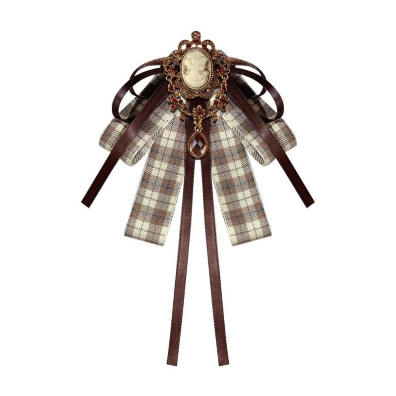 Vintage Ribbon BowTie with Blingbling Rhinestones Adjustable Pin Jewelry French Brooch Rhinestones Pin Elegant Collar коричневый