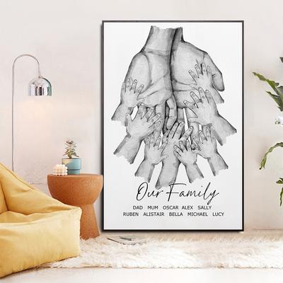 Affiche Personnalisée Mains de Famille Avec Nom Impression Personnalisée Peinture sur Toile Noir Blanc Image Murale Moderne Décoration de Salon Cadeaux