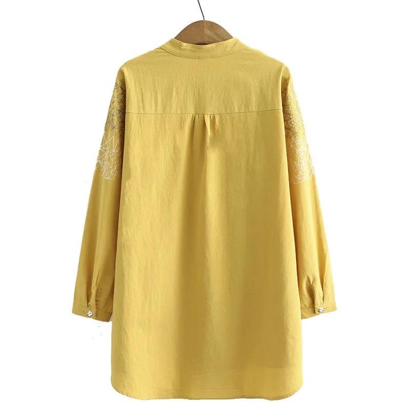 Höst Dam Skjortor Damer Enfärgade Toppar Kvinnliga Långärmade Blusar Tvättad Bomull Broderi Lös Plus Size Kläder