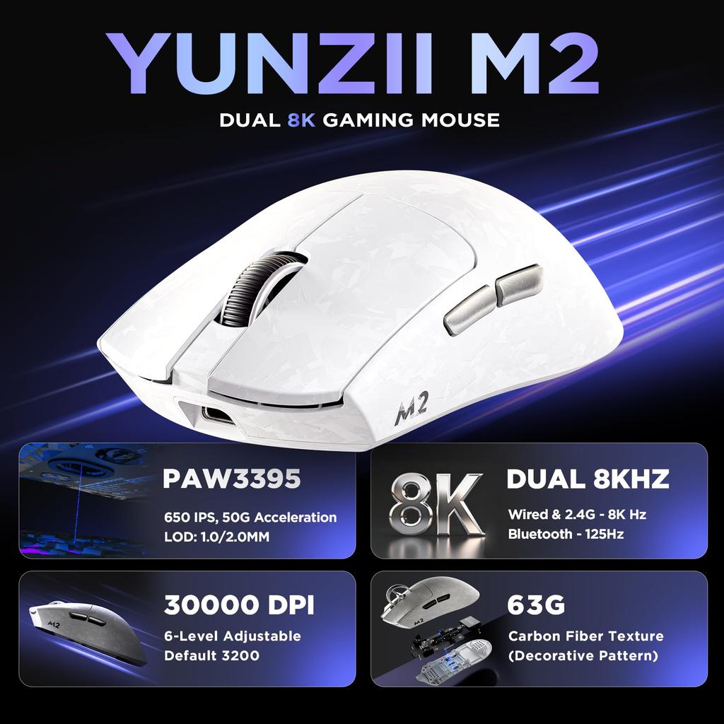 YUNZII M2 Dual 8K Wireless Gaming Mouse with PAW3395 DPI Technical Standards Compliance Certified Sensor, 6-Stage Switching, (White)