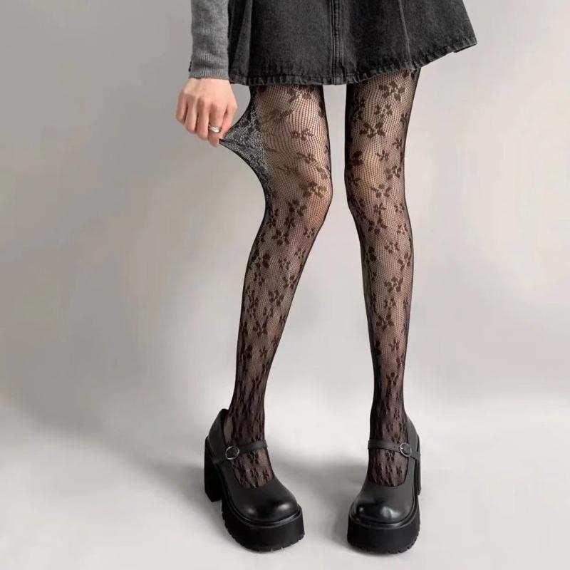 New Floral Pattern Brown Fishnet Pantyhose Women Sexy Coffee Hollow Out Mesh Tights Y2k Lolita Nylon Transparent Lace Stockings