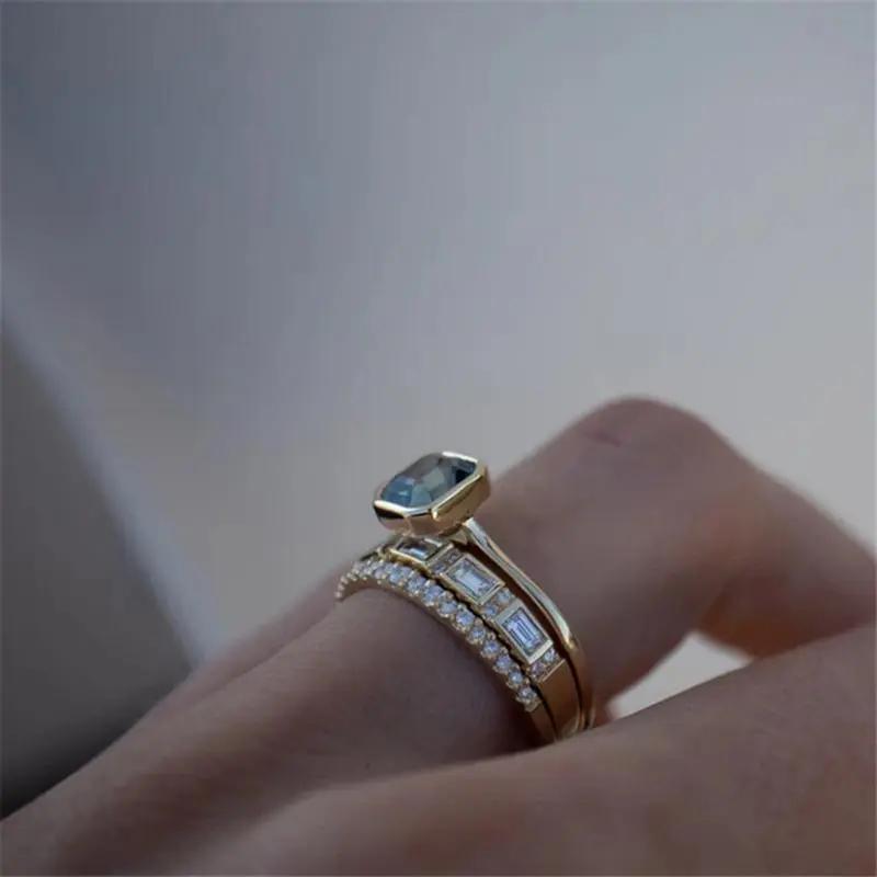 3pcs Acid Blue Crystal Rings for Women Fashion Yellow Gold Color Wedding Women's Ring Luxury Brand Jewelry Gifts Accessories